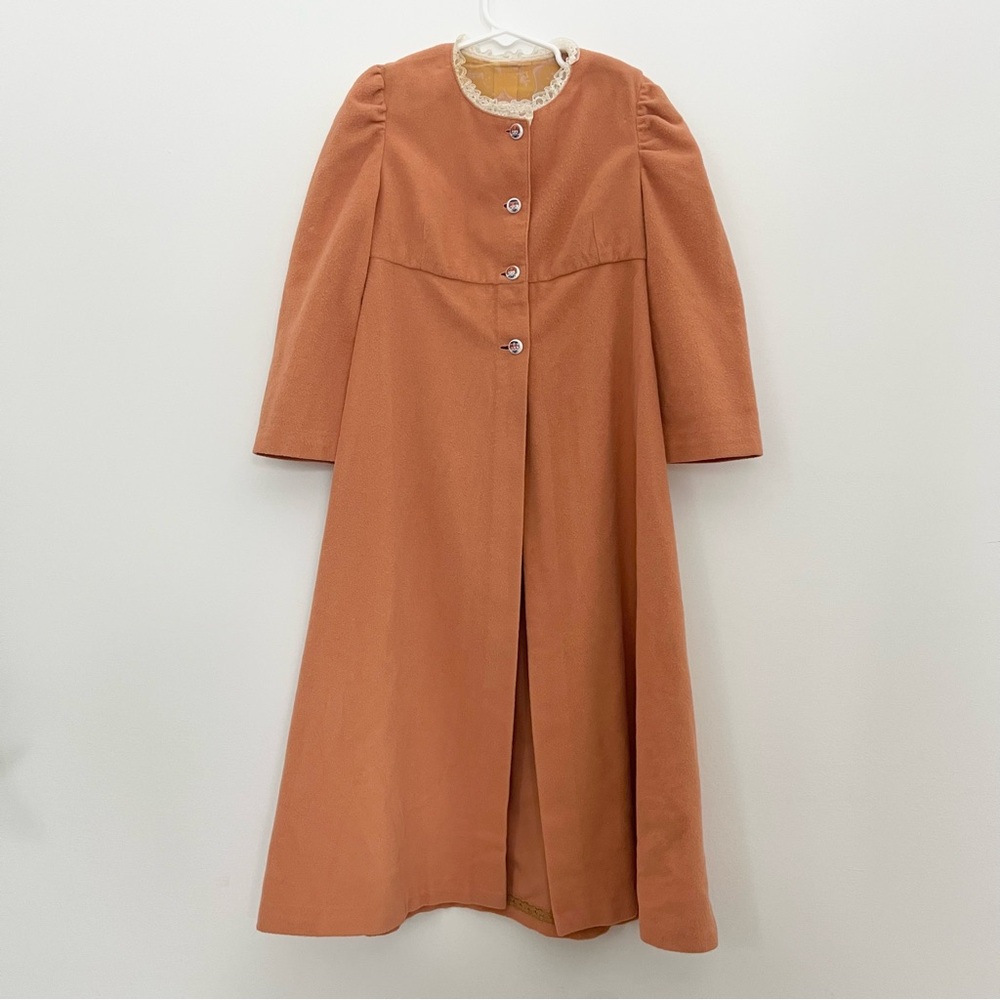Vintage Handmade Darling Girl’s Overcoat Felt Lined w Dollface Buttons Coral 5-6